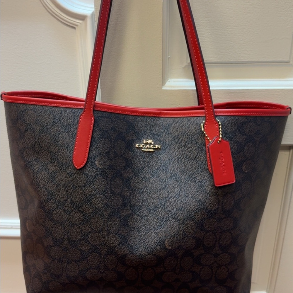 Coach Brown and Red Signature Tote Bag